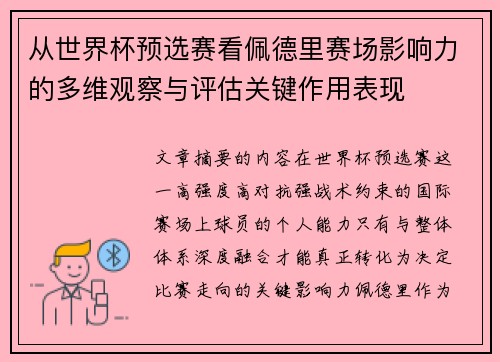 从世界杯预选赛看佩德里赛场影响力的多维观察与评估关键作用表现