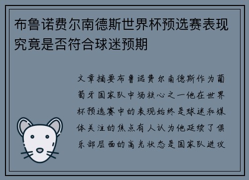 布鲁诺费尔南德斯世界杯预选赛表现究竟是否符合球迷预期